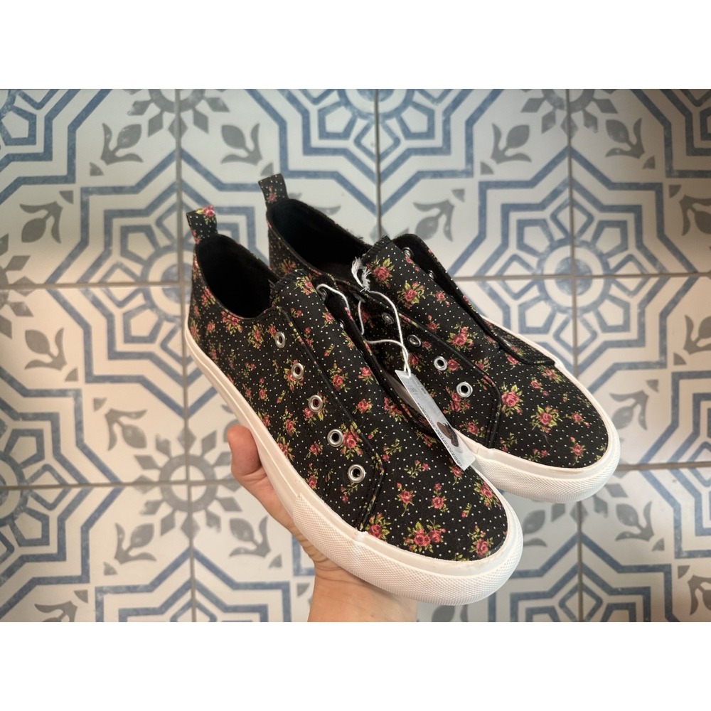 Aldi Finds Serra Black Floral Polka Dot Canvas Slip On Sneakers Shoes Size 10